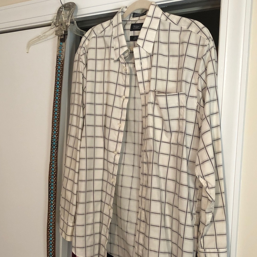 Haggar Men's Cream and Blue Plaid Shirt
